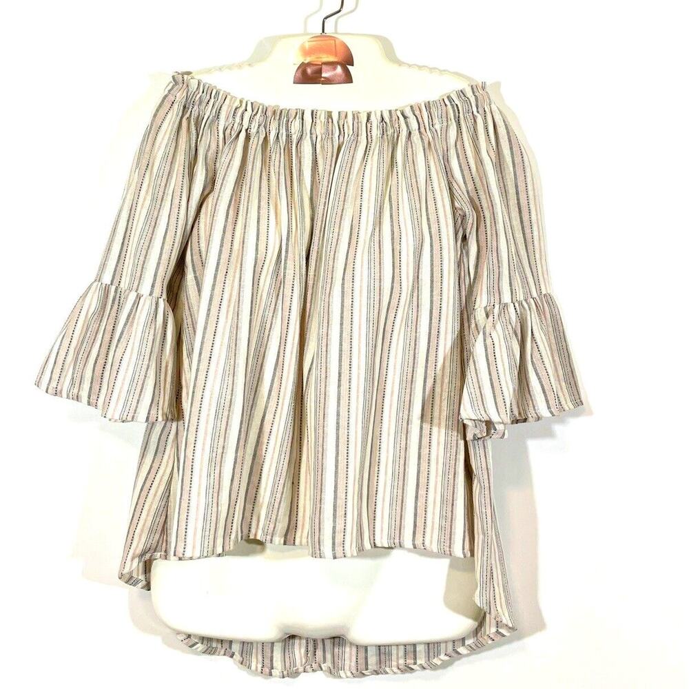 RSMR ROSSMORE Portia Woven Tops Off Shoulder Hi Low Hem Bell Sleeves Small Blush